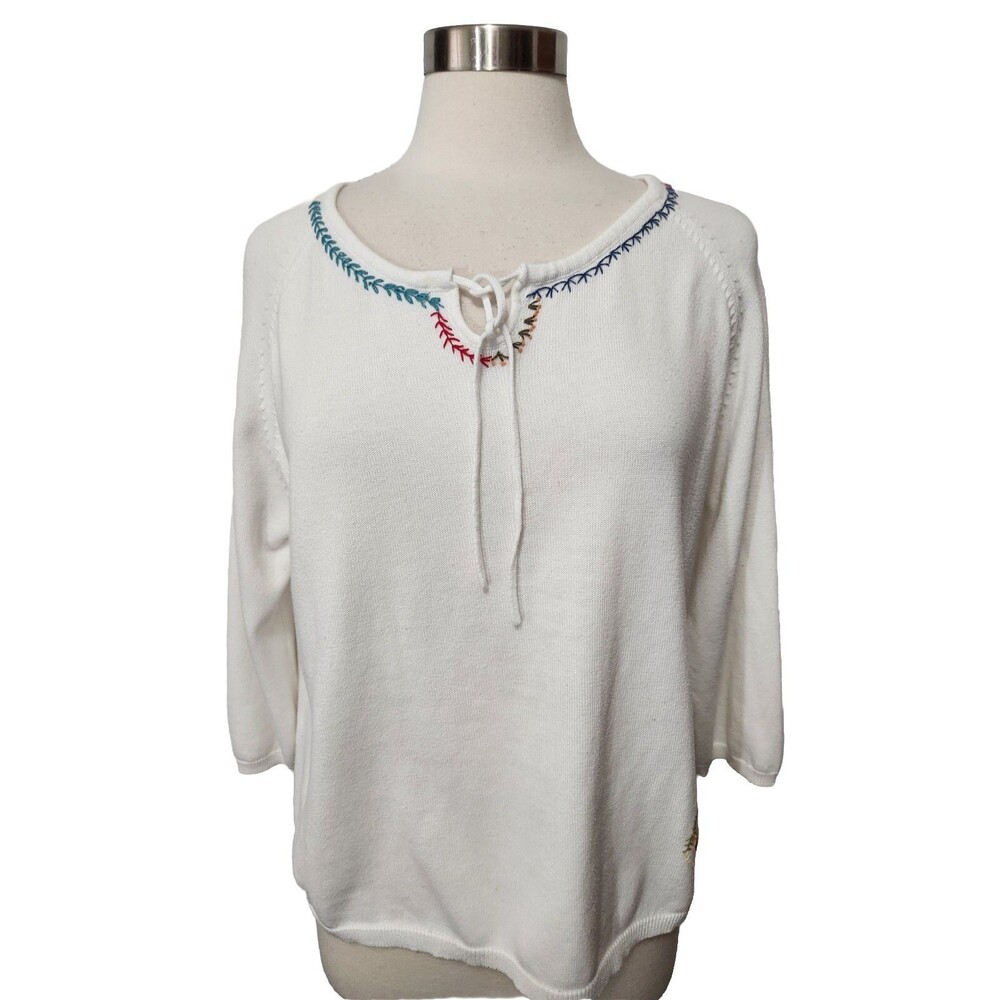 WHITE STAG Women White Sweater XL 16/18 Crochet  Accents Tie Keyhole 3/4 Sleeve